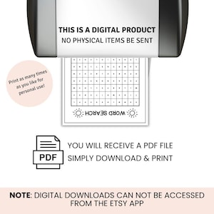 May include: A white word search puzzle with the text "WORD SEARCH" printed in reverse. The image includes the text "THIS IS A DIGITAL PRODUCT NO PHYSICAL ITEMS BE SENT" and "YOU WILL RECEIVE A PDF FILE SIMPLY DOWNLOAD & PRINT".