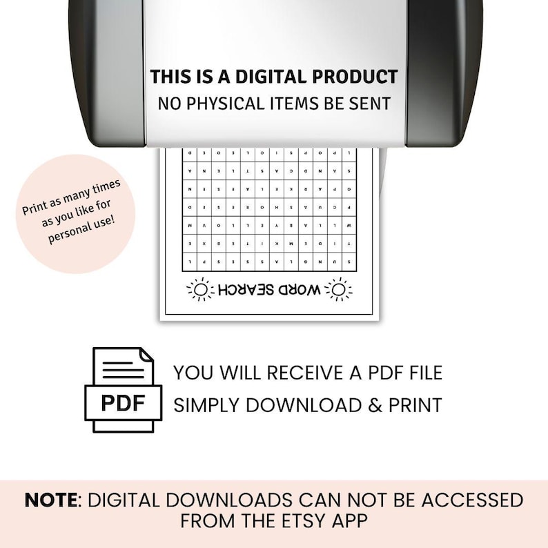 May include: A white word search puzzle with the text "WORD SEARCH" printed in reverse. The image includes the text "THIS IS A DIGITAL PRODUCT NO PHYSICAL ITEMS BE SENT" and "YOU WILL RECEIVE A PDF FILE SIMPLY DOWNLOAD & PRINT".