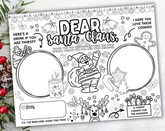 Op de afbeelding: Een zwart-witte printbare kleurplaat met de kerstman, een rendier en een peperkoekman. De pagina bevat de tekst "Beste Kerstman" en "Bedankt dat je langs bent gekomen, hier zijn wat speciale lekkernijen voor jou en je rendier".