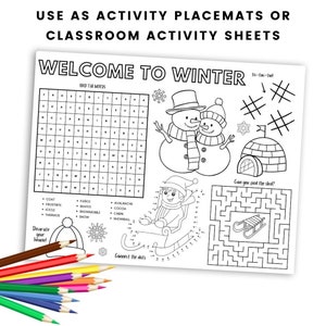 May include: Black and white printable activity sheet with a winter theme. The sheet includes a word search, connect the dots, a maze, and a tic-tac-toe game. The words for the word search are listed below the puzzle. The words include coat, fleece, avalanche, cocoa, cabin, and snowball. The connect the dots puzzle shows a child on a sled. The maze shows a sled. The tic-tac-toe game has a snowman and an igloo.