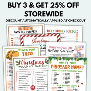 May include: A collection of printable game sheets with various themes, including Halloween, Christmas, and birthday games. The image also displays a promotional banner offering a discount on purchases.
