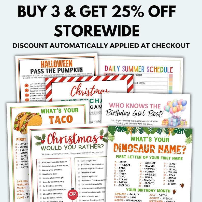 May include: A collection of printable game sheets with various themes, including Halloween, Christmas, and birthday games. The image also displays a promotional banner offering a discount on purchases.