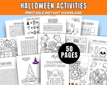 Könnte beinhalten: Eine Sammlung von 50 schwarz-weißen Halloween-Aktivitätsseiten mit Wortsuchrätseln, Labyrinthen, Geheimcodes und Ausmalbildern von Geistern, Kürbissen, Skeletten und Hexen. Der Text auf den Blättern lautet Halloween Activities.