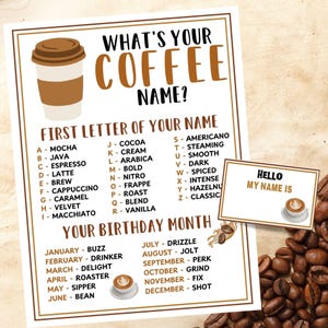 Was ist Ihr Kaffee Name Party Spiel Druckbares Kaffeeparty Spiel Kaffee Name Generator Kaffeespiel Latte Party Kaffee-Babypartyspiel
