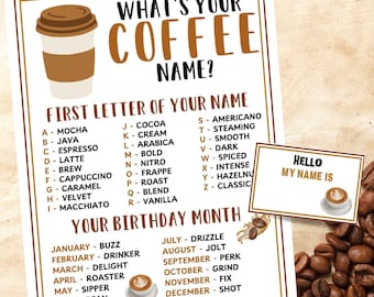 Quel est votre nom de café - Jeu de société imprimable - Générateur de noms de café - Jeu de café latte Party Coffee - Jeu de baby shower