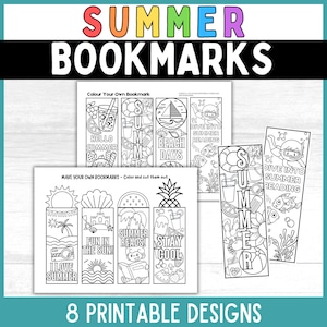 May include: Eight printable summer-themed bookmarks with coloring pages. The bookmarks feature images of a pineapple, a beach, a seashell, a sun, a book, a popsicle, a camera, a sandcastle, and a diver. The text on the bookmarks includes "Hello Summer", "Beach Days", "Dive into Summer Reading", "Fun in the Sun", "Summer Reads", "Stay Cool", and "I Love Summer".