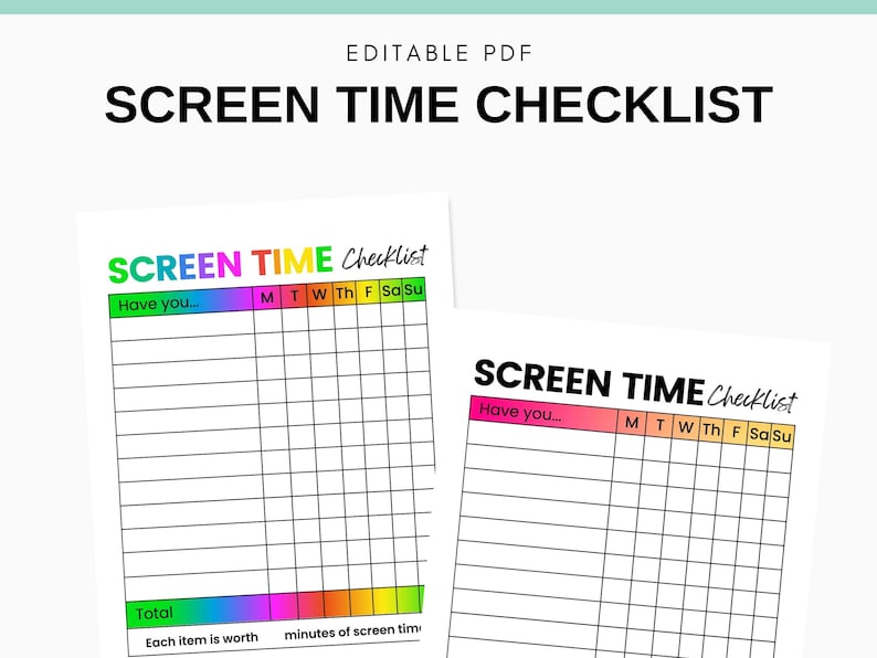 Screen Time Checklist Printable Editable Chore Chart Earn Screen Time ...