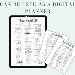 May include: A digital planner displayed on a tablet, featuring a June bucket list with various summer activities illustrated in black and white. Additional pages for July and August bucket lists are also visible, all with a light blue background.