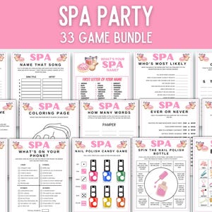 May include: A collection of printable spa party games, including a movie marathon, name that song, and emoji game. The bundle features a pink and white color scheme with spa-themed graphics and the text "SPA PARTY 33 GAME BUNDLE".