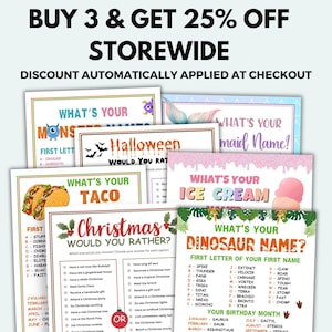 May include: A promotional image with the text "BUY 3 & GET 25% OFF STOREWIDE." The image features several colorful game cards with titles like "What's Your Monster Name?" and "What's Your Taco?" The cards have various themes, including Halloween and Christmas.