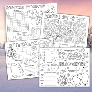 May include: A set of printable winter-themed activity sheets for kids. The sheets include a word search, a connect the dots, a tic-tac-toe game, a maze, an I-spy game, and a coloring page. The sheets are black and white and feature winter-themed images such as snowmen, snowflakes, and reindeer.