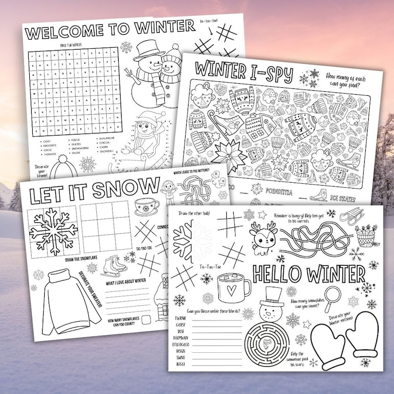 May include: A set of printable winter-themed activity sheets for kids. The sheets include a word search, a connect the dots, a tic-tac-toe game, a maze, an I-spy game, and a coloring page. The sheets are black and white and feature winter-themed images such as snowmen, snowflakes, and reindeer.