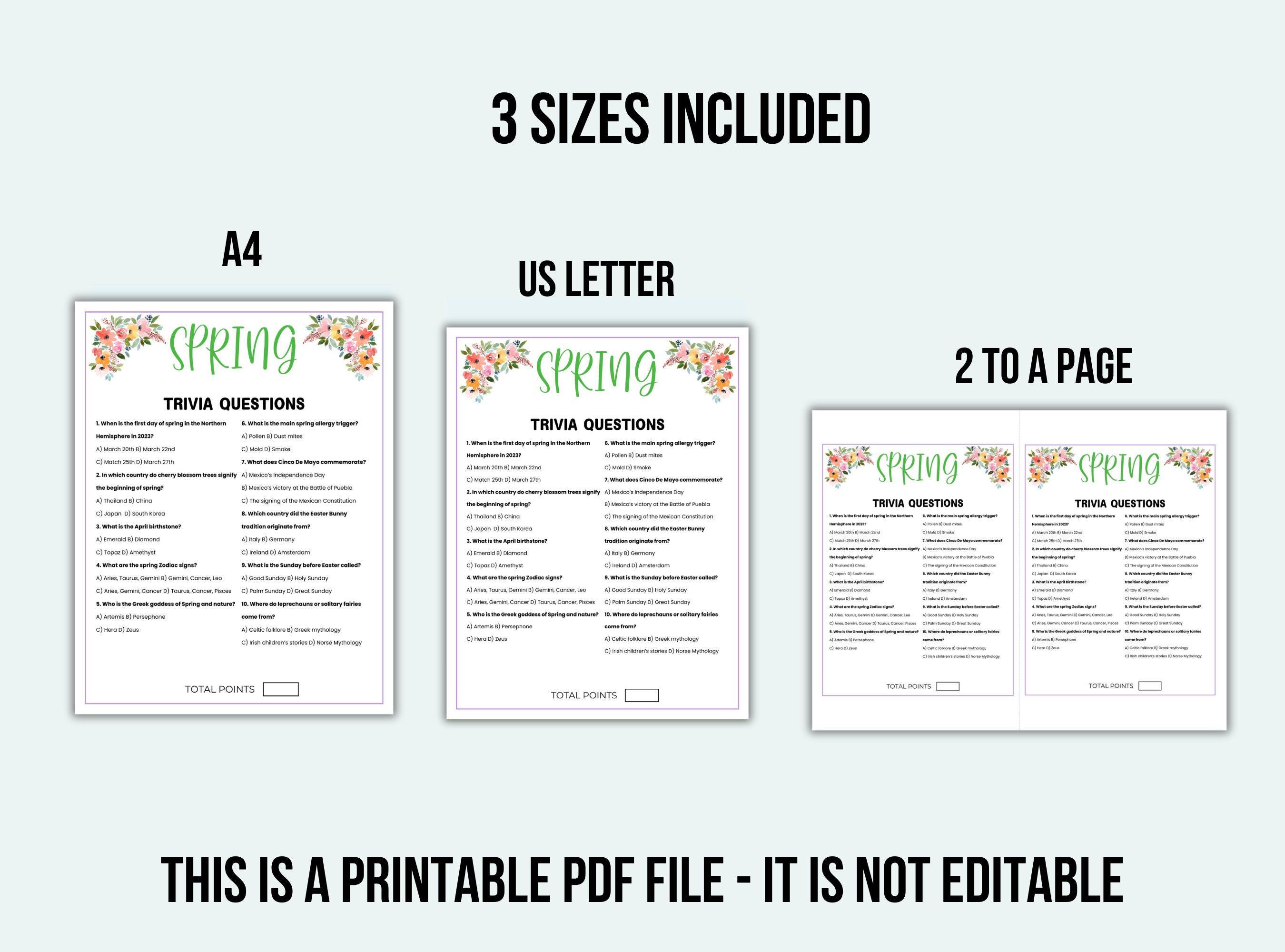 Spring Gift Questionnaire Spring Trivia Game Printable Spring Game Spring Party Game Spring Quiz ...