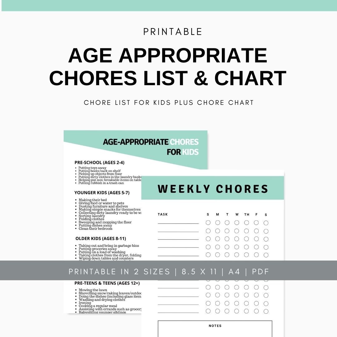 Age Appropriate Chores List &amp; Printable Chore Chart for Kids - Etsy Finland