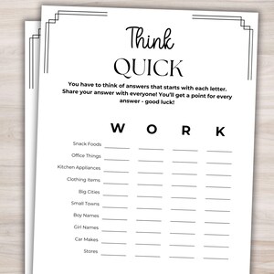 Office Think Quick Game Office Party Game Printable Team Building Games Office Games Staff Meeting Games Ice Breaker Games Work Party Games
