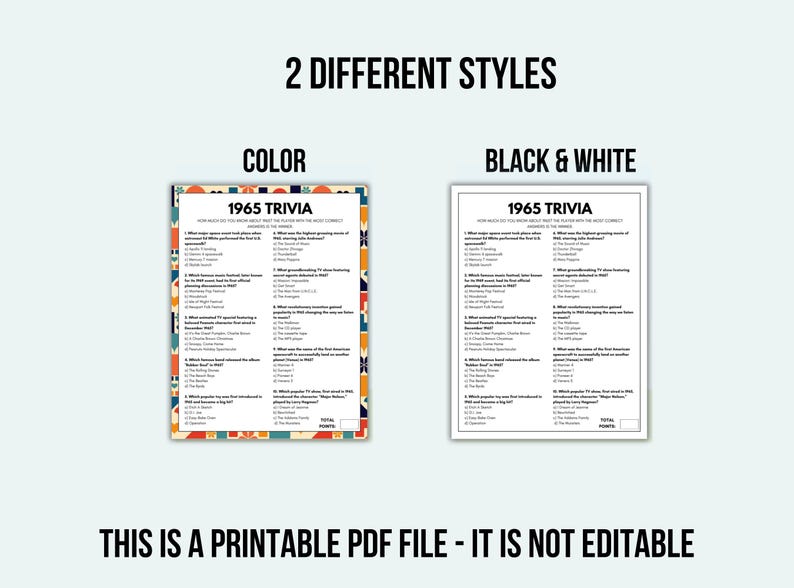 Trivia Color Sheets 1965 Trivia Game Printable 60th Birthday Games Born in 1965 Game ...
