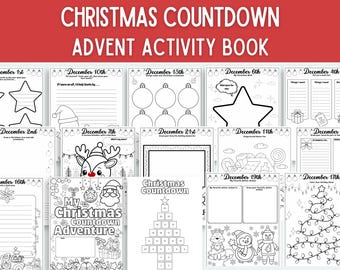 May include: A black and white Christmas Countdown Advent Activity Book. The book features various activity pages for each day of December leading up to Christmas, with illustrations and prompts. The cover reads "Christmas Countdown Advent Activity Book."