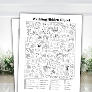 May include: Black and white "Wedding Hidden Object" game sheet. The sheet features a variety of wedding-themed illustrations, including rings, a cake, and a wedding dress. A checklist of items is at the bottom.