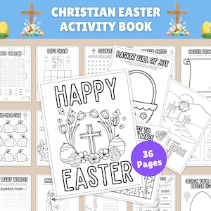 K&ouml;nnte beinhalten: Ein christliches Oster-Aktivit&auml;tsbuch mit 36 Seiten voller R&auml;tsel und Ausmalbilder. Das Cover zeigt den Text "Happy Easter" mit einem Kreuz, Blumen und Ostereiern. Weitere Seiten enthalten Wortsuchr&auml;tsel, Labyrinthe und Zeichenaktivit&auml;ten.