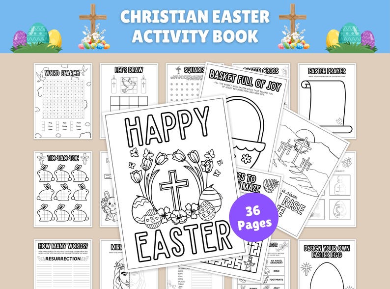 K&ouml;nnte beinhalten: Ein christliches Oster-Aktivit&auml;tsbuch mit 36 Seiten voller R&auml;tsel und Ausmalbilder. Das Cover zeigt den Text "Happy Easter" mit einem Kreuz, Blumen und Ostereiern. Weitere Seiten enthalten Wortsuchr&auml;tsel, Labyrinthe und Zeichenaktivit&auml;ten.