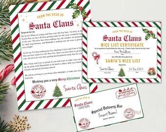 May include: A Letter from Santa kit including a letter, a Nice List certificate, and a special delivery envelope. The stationery has a red and green border with festive holiday graphics and the text "From the Desk of Santa Claus."