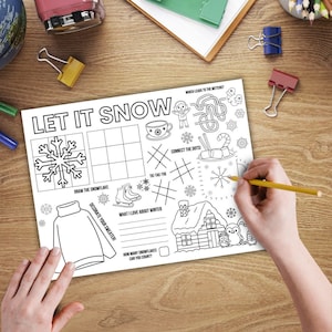 May include: A black and white printable activity sheet with the words "Let It Snow" at the top. The sheet includes a variety of winter-themed activities, such as drawing a snowflake, connecting the dots, and playing tic-tac-toe.