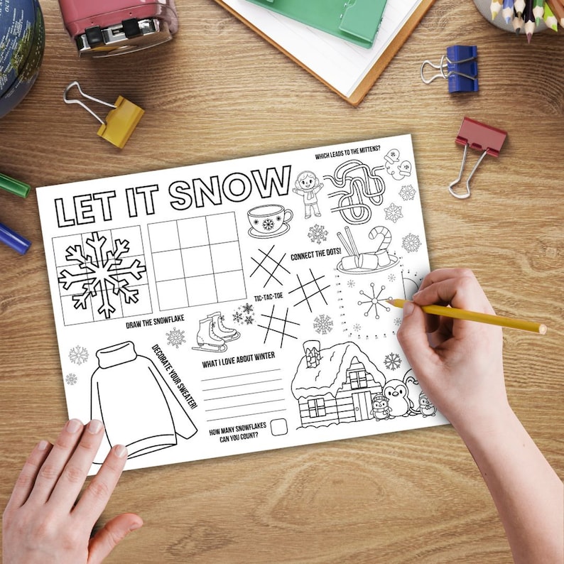 May include: A black and white printable activity sheet with the words "Let It Snow" at the top. The sheet includes a variety of winter-themed activities, such as drawing a snowflake, connecting the dots, and playing tic-tac-toe.