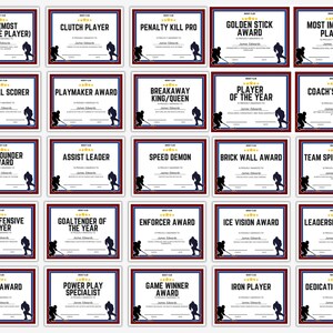May include: A collection of hockey award certificates with red and blue borders. Each certificate features a hockey player silhouette and text indicating the award, such as "MVP," "Top Goal Scorer," and "Game Winner."
