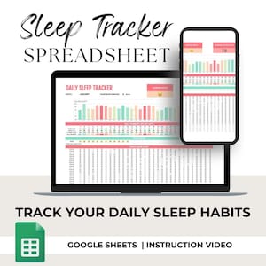 Peut inclure: Un écran d'ordinateur portable affichant une feuille de calcul Google Sheets intitulée "Suivi du sommeil quotidien" avec un graphique à barres coloré et un tableau de données. La feuille de calcul est conçue pour suivre les habitudes de sommeil, y compris les heures de sommeil, l'humeur et la qualité du sommeil. Le texte "Suivez vos habitudes de sommeil quotidiennes" est affiché sous l'ordinateur portable. L'image comprend également un logo Google Sheets et le texte "Google Sheets | Vidéo d'instructions".