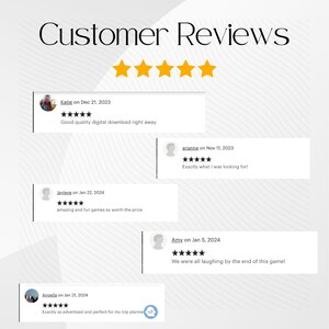 May include: Five-star customer reviews for a digital download. Reviews highlight the quality of the download, the fun games included, and the value for the price. One review mentions the download being perfect for trip planning.