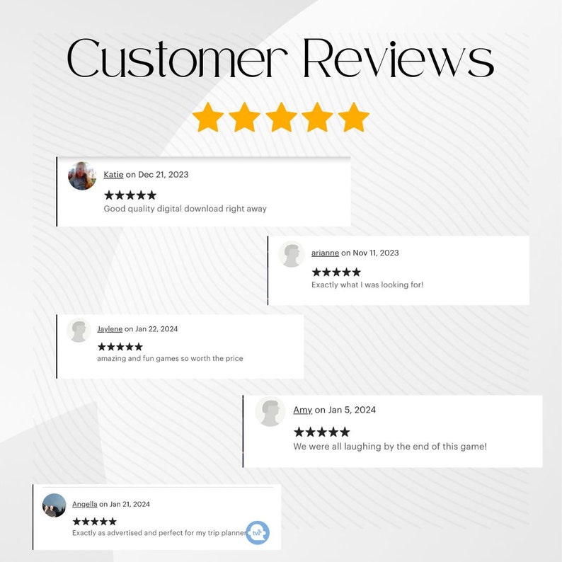 May include: Five-star customer reviews for a digital download. Reviews highlight the quality of the download, the fun games included, and the value for the price. One review mentions the download being perfect for trip planning.