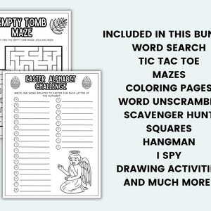 K&ouml;nnte beinhalten: Schwarz-Wei&szlig;-Oster-Aktivit&auml;tsbl&auml;tter. Enth&auml;lt ein Labyrinth, eine Alphabet-Herausforderung und eine Liste von Aktivit&auml;ten wie Wortsuche, Ausmalbilder und Zeichenaktivit&auml;ten.