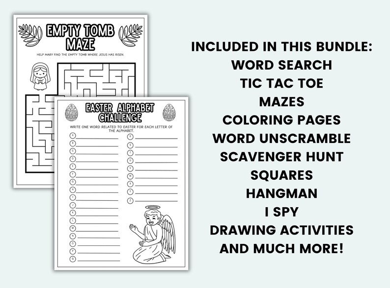 K&ouml;nnte beinhalten: Schwarz-Wei&szlig;-Oster-Aktivit&auml;tsbl&auml;tter. Enth&auml;lt ein Labyrinth, eine Alphabet-Herausforderung und eine Liste von Aktivit&auml;ten wie Wortsuche, Ausmalbilder und Zeichenaktivit&auml;ten.