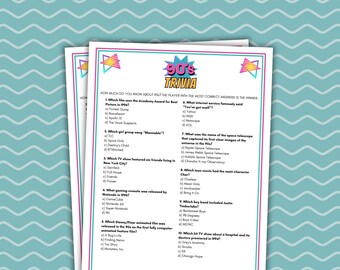 Juego de preguntas y respuestas de los años 90 Juegos para fiestas de los años 90 Juego de fiesta imprimible para cumpleaños de los 90 Juego de fiesta de los 90 Juegos para fiestas de cumpleaños de los 90 Juego de preguntas y respuestas de los 90