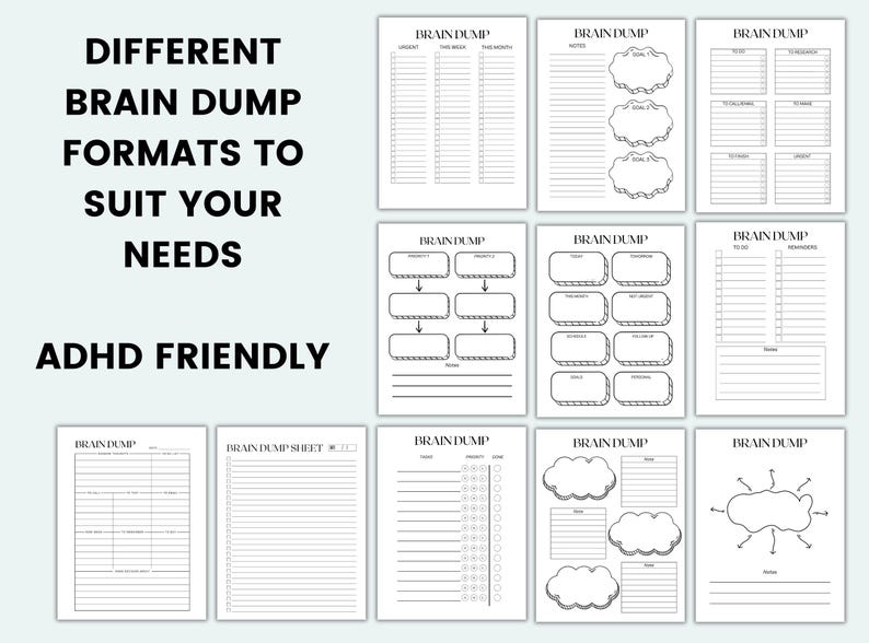 May include: A collection of white paper brain dump sheets with various formats, including lists, flowcharts, and cloud-shaped organizers. Text on the image reads "Different Brain Dump Formats to Suit Your Needs. ADHD Friendly."