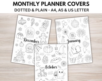 Titelpagina's van 12 maanden Maandelijkse omslag Maandelijkse titelpagina Afdrukbare planner voorpagina Bullet Journal omslag BUJO-sjabloon afdrukbare planner