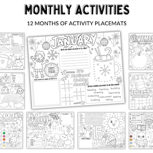 May include: A set of twelve black and white activity placemats for each month of the year. Each sheet features themed illustrations, writing prompts, word searches, and coloring sections with titles like January, February, March, April, May, June, July, August, and September.