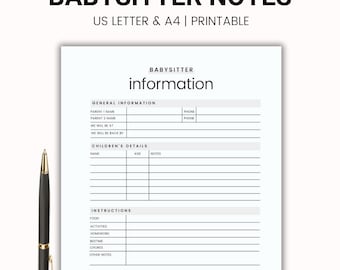 Babysitter Notes Emergency InfoPrintable Babysitter Checklist Printable Child Care Notes Nanny Notes Babysitter Planner Babysitter Info
