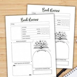 K&ouml;nnte beinhalten: Zwei schwarz-wei&szlig;e druckbare Buchrezensionsvorlagen mit einem floralen Design und einem Buch mit einem Stern. Die Vorlage enth&auml;lt Abschnitte f&uuml;r Titel, Autor, Seitenzahl, Format, Genre, Startdatum, Enddatum, Buchzusammenfassung, bestes Zitat oder Moment, Lieblingscharakter, Bewertung, W&uuml;rze und Serie.