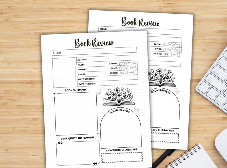 K&ouml;nnte beinhalten: Zwei schwarz-wei&szlig;e druckbare Buchrezensionsvorlagen mit einem floralen Design und einem Buch mit einem Stern. Die Vorlage enth&auml;lt Abschnitte f&uuml;r Titel, Autor, Seitenzahl, Format, Genre, Startdatum, Enddatum, Buchzusammenfassung, bestes Zitat oder Moment, Lieblingscharakter, Bewertung, W&uuml;rze und Serie.