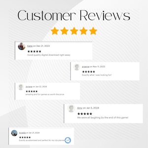 May include: Five-star customer reviews for a digital download. Reviews highlight the quality of the download, the fun games included, and the value for the price. One review mentions the download being perfect for trip planning.