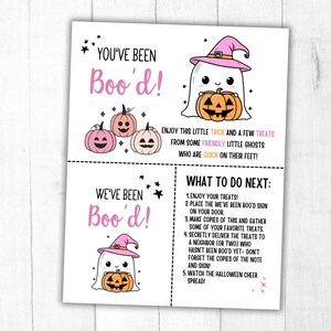 May include: A printable Halloween Boo'd sign with a cute ghost holding a pumpkin. The sign includes instructions for a fun Halloween tradition: "Enjoy this little trick and a few treats from some friendly little ghosts who are quick on their feet!" and "What to do next: 1. Enjoy your treats! 2. Place the "We've been Boo'd" sign on your door. 3. Make copies of this and gather some of your favorite treats. 4. Secretly deliver the treats to a neighbor (or two) who hasn't been Boo'd yet - don't forget the copies of the note and sign! 5. Watch the Halloween cheer spread!"