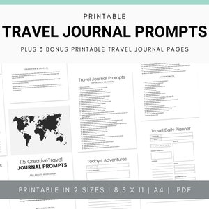 May include: Printable travel journal prompts with 9 pages, including a world map, a daily planner, and prompts for kids and adults. The text "115 Creative Travel Journal Prompts" is featured on the page.