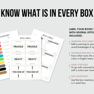 May include: Printable labels for moving boxes. The labels include warnings, room names, and instructions for fragile or heavy items. The labels are black and white with a simple design.