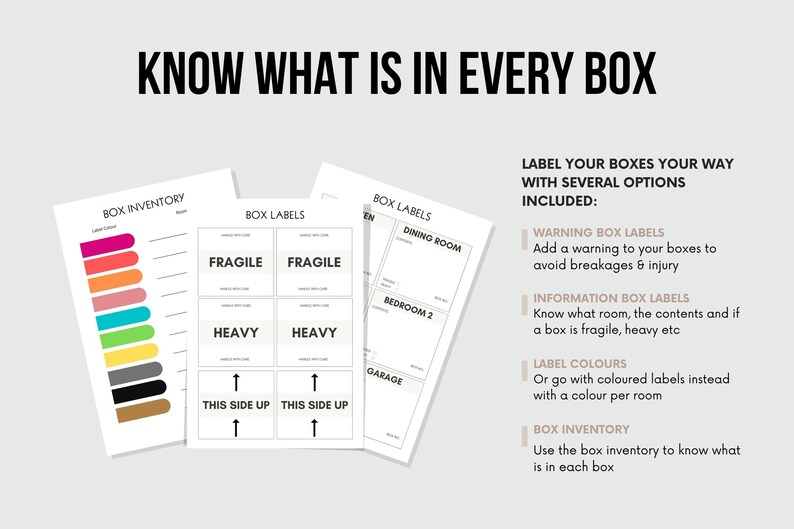 May include: Printable labels for moving boxes. The labels include warnings, room names, and instructions for fragile or heavy items. The labels are black and white with a simple design.