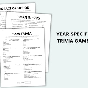 May include: White paper trivia games with the titles "1996 Fact or Fiction", "Born in 1996", and "1996 Trivia". The text "Year Specific Trivia Games" is displayed on the right side of the image.