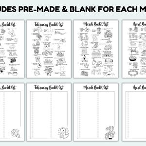 May include: A black and white bucket list printable with pre-made and blank lists for each month. The top half features lists for January, February, March, and April with illustrated activity ideas. The bottom half has blank lists for the same months.
