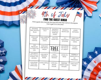 4. Juli Finde den Gast Bingo 4. Juli Eisbrecher Vaterländische Spiele 4. Juli Party Spiele Unabhängigkeitstag Party Mingle Bingo