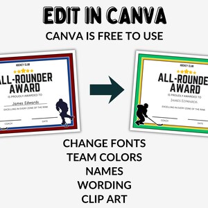 May include: Two All-Rounder Award certificates with hockey player silhouettes. The certificates have text that reads "Edit in Canva" and "Canva is free to use". The certificates are customizable with team colors, names, and clip art.
