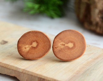 Wooden ear studs with sterling silver posts, Natural fruit wood jewelry, Sustainable wood studs, Tree branch plant based jewelry